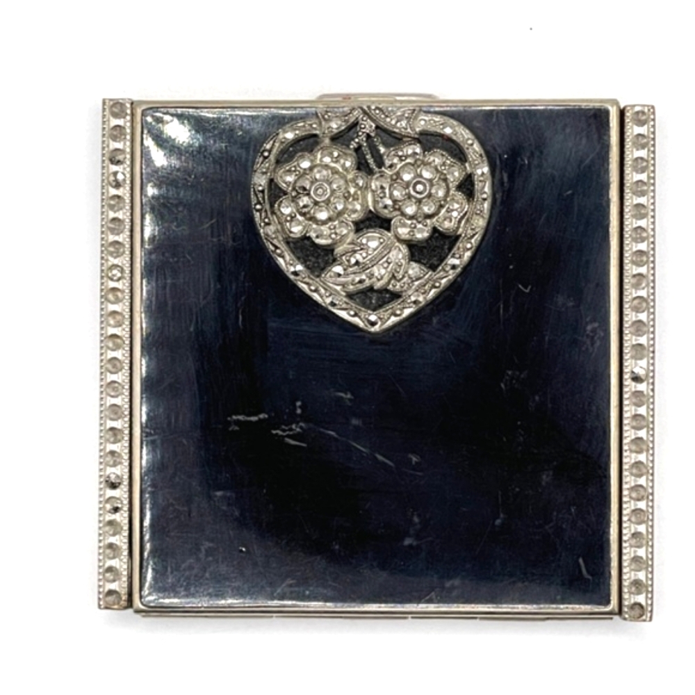 Foster Rare Art Deco Style Black Enamel Silver Tone Vintage Powder Rouge Compact